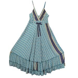 Boho Fashion Maxi Dress Size Large Blue and Tan Floral Patch Pattern